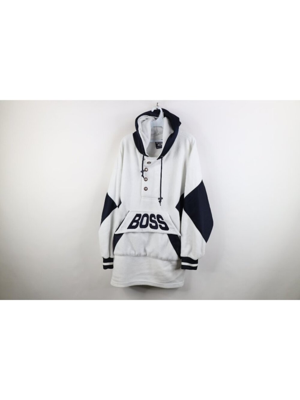 Vintage 90s Y2K Boss Streetwear Mens XL Baggy Fleece Hoodie Anorak Jacket White